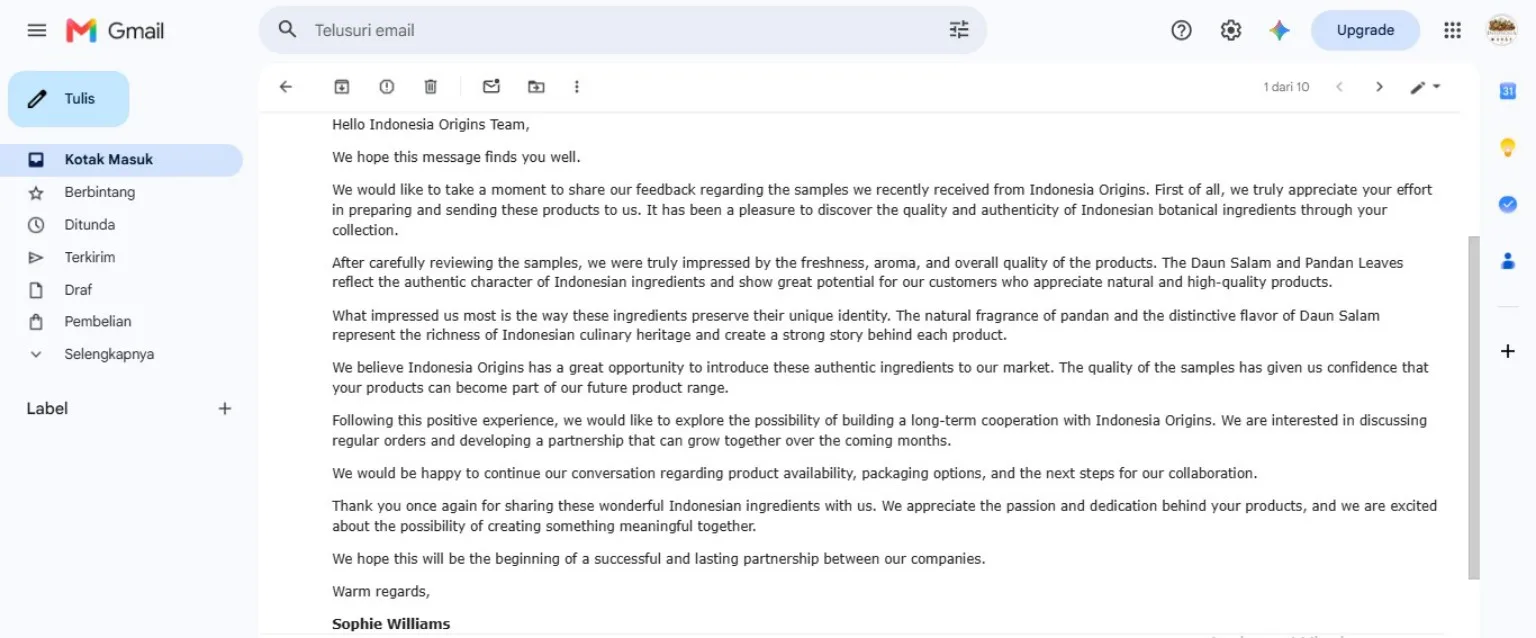 Email testimonial from Sophie Williams praising Indonesian botanical ingredient samples.